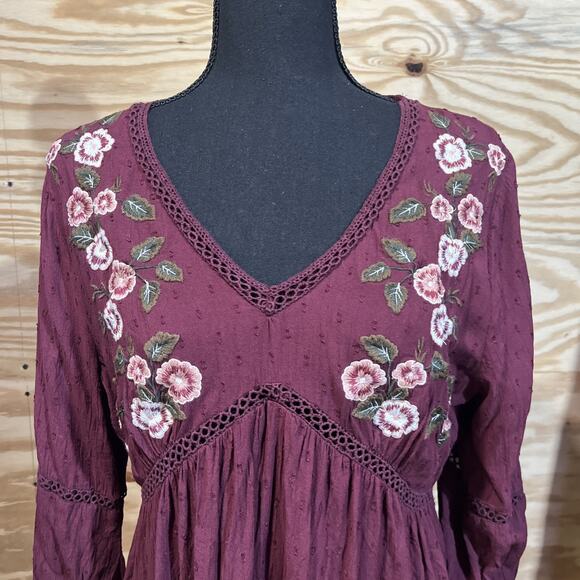 Arizona Babydoll Tunic Top Embroidered Burgundy Size Large Boho Peasant Y2K - Picture 3 of 10